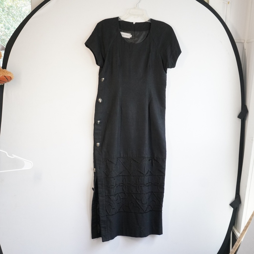 Vintage Howard Wolf Black Linen Sheath Dress Side Button Embroidered Midi 90s